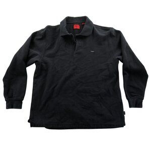 Izod Mens Double Pique Rugby Polo Shirt Medium Black Long Sleeve Classic Casual